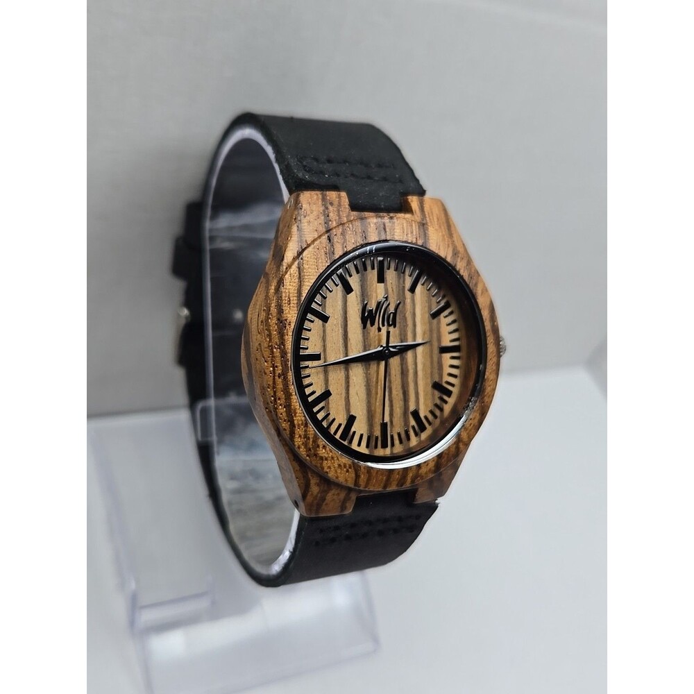 Wild Wooden Quartz Watch Zebrawood Dial Leather Strap Minimalist New Battery - Picture 3 of 10